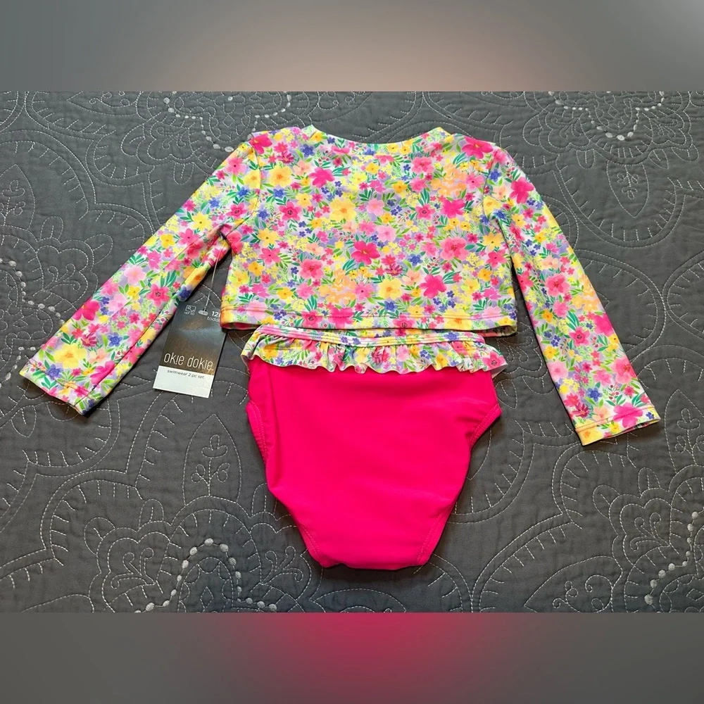 Okie Dokie 12M Girls Pink Micro Ditsy Floral Rash Guard And Bottoms Set NWT